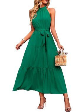 Women's Solid Green Floral Maxi Dress Sleeveless Halter Neck Flowy Ruffle Dress